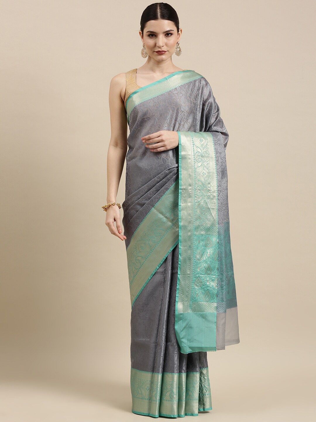 

Humairah Floral Woven Design Zari Detailed Banarasi Saree, Grey