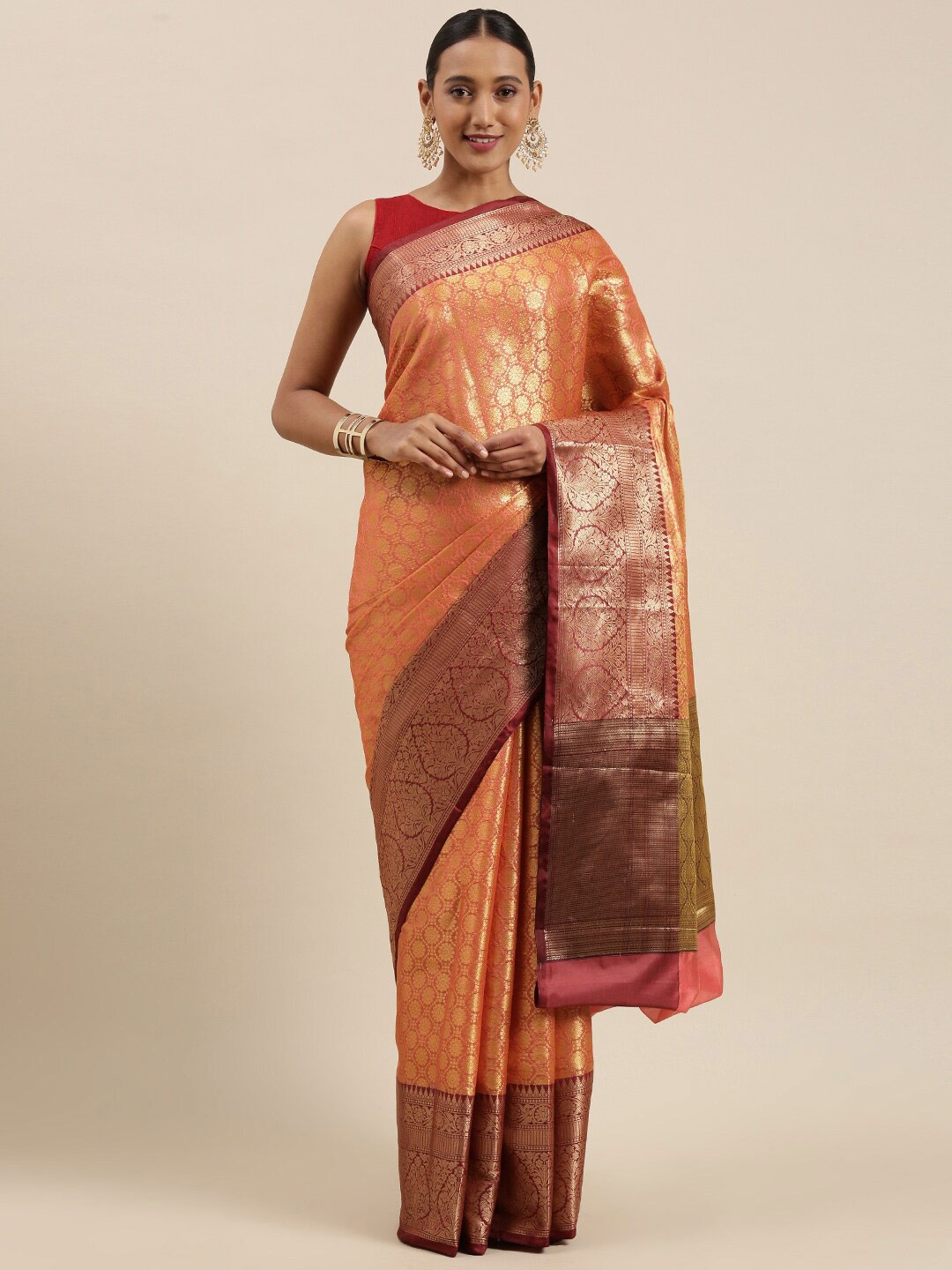 

Humairah Ethnic Motifs Woven Design Zari Banarasi Saree, Rose gold