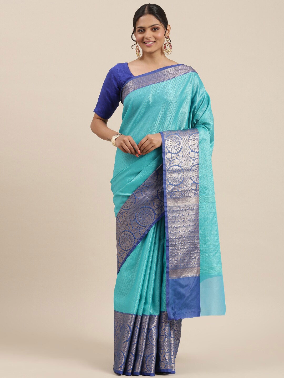 

Humairah Ethnic Motifs Woven Design Zari Silk Blend Banarasi Saree, Turquoise blue