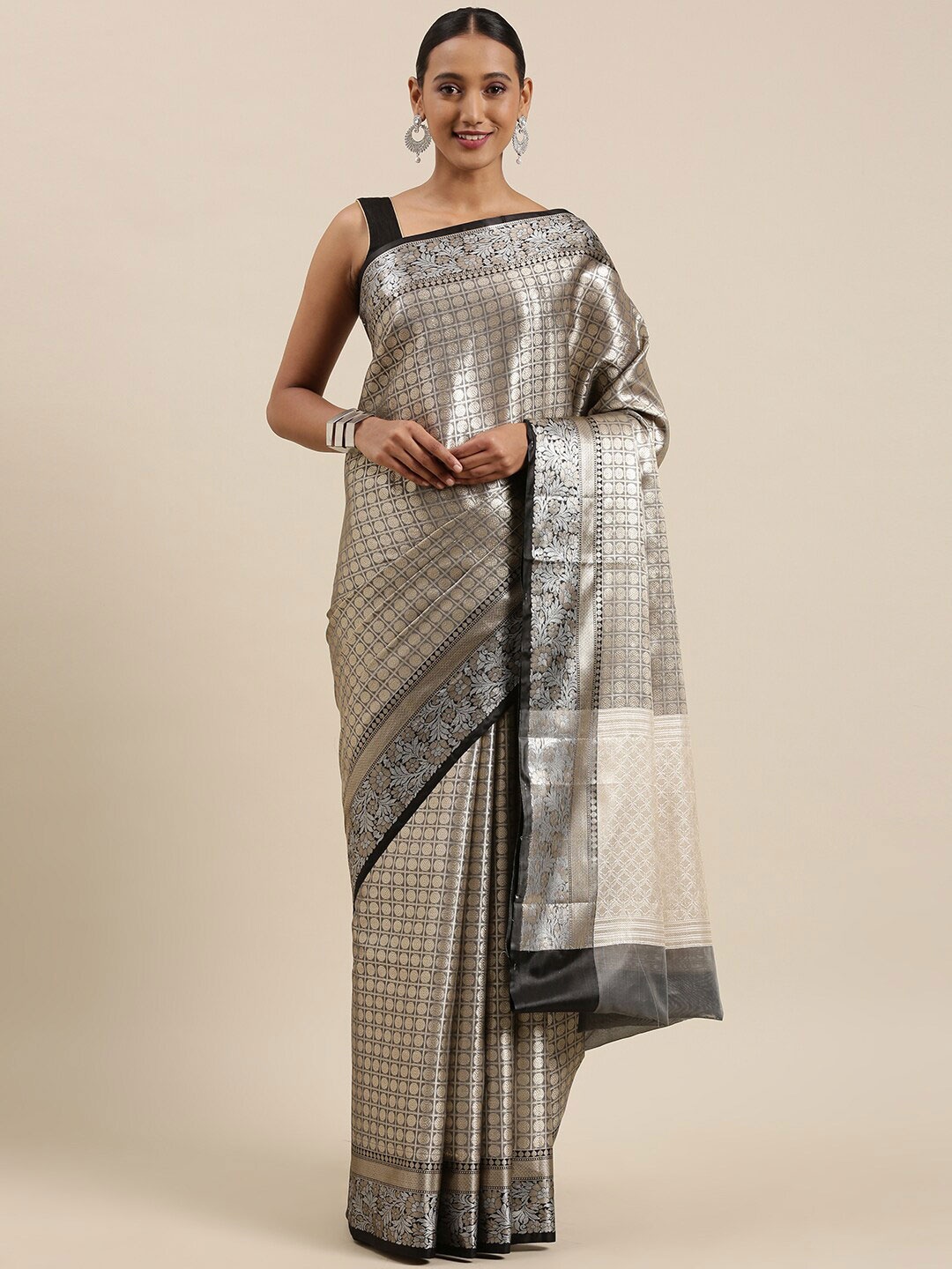 

Humairah Ethnic Motifs Woven Design Zari Banarasi Saree, Grey