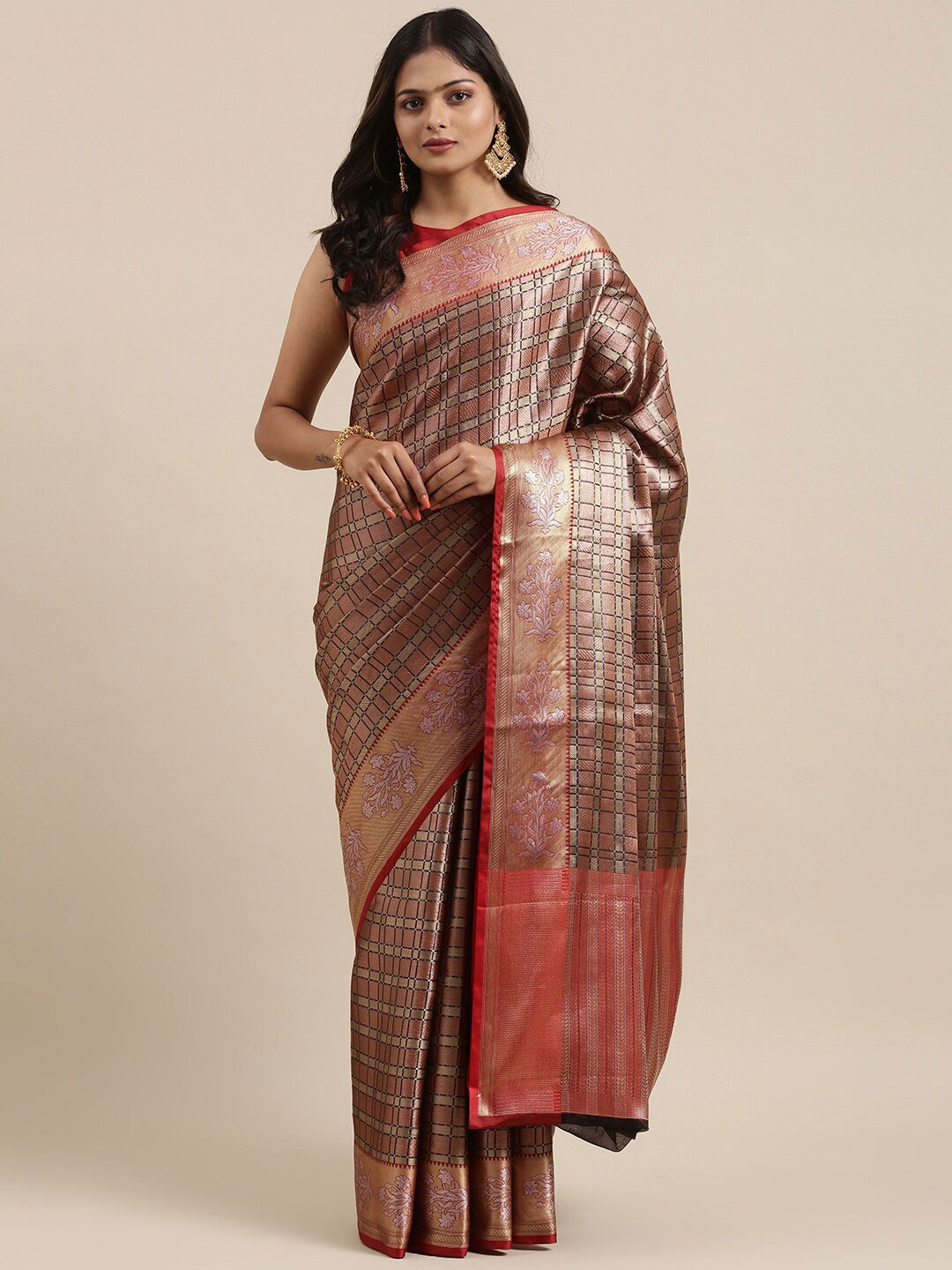 

Humairah Geometric Woven Design Zari Detailed Banarasi Saree, Brown