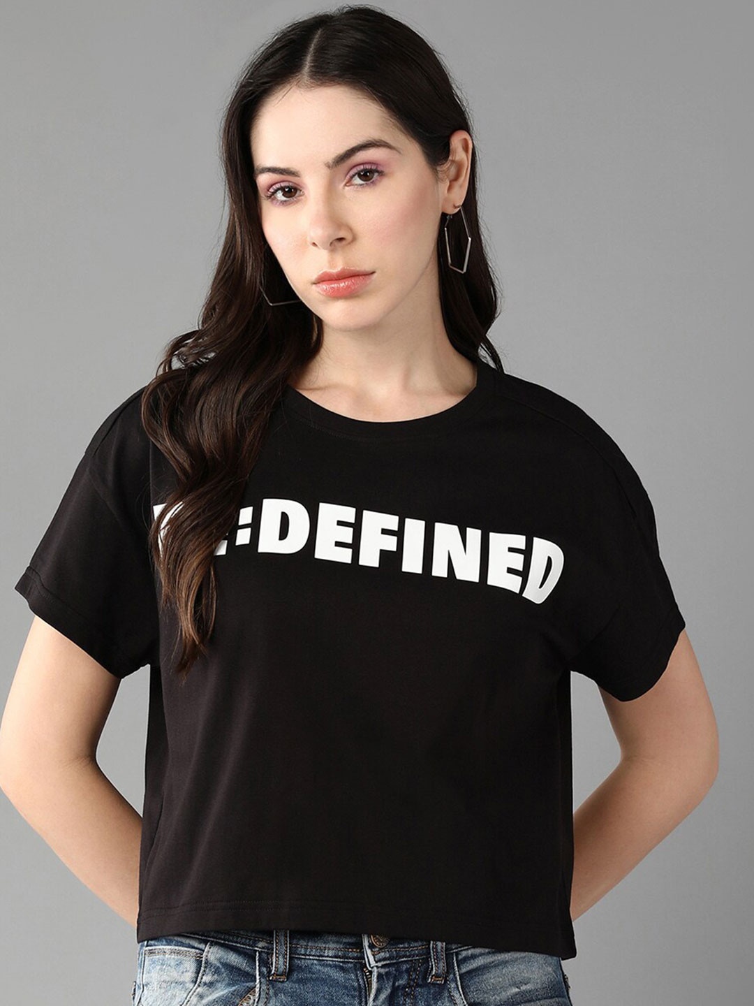 

Roadster Black Typography Printed Drop-Shoulder Sleeves Regular Top