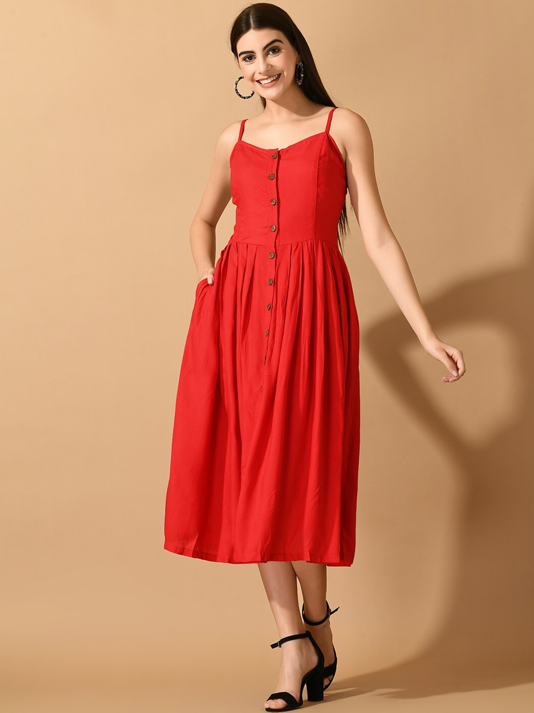 

Sangria Red Shoulder Strap A-Line Midi Dress