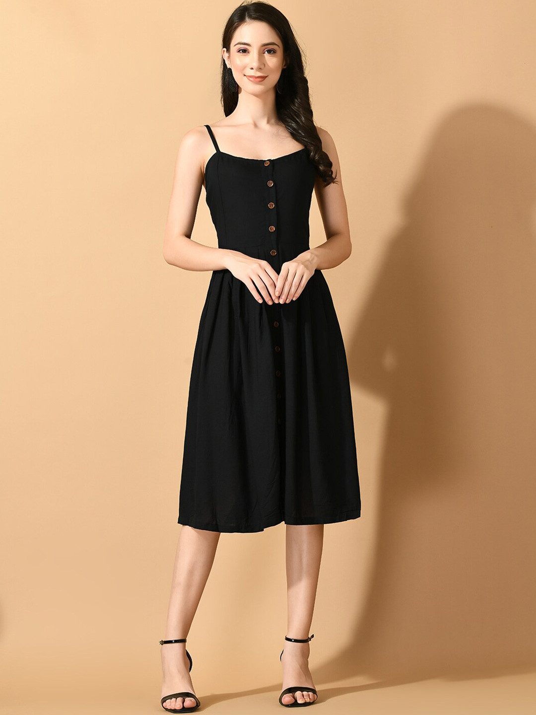 

Sangria Shoulder Strap A-Line Midi Dress, Black