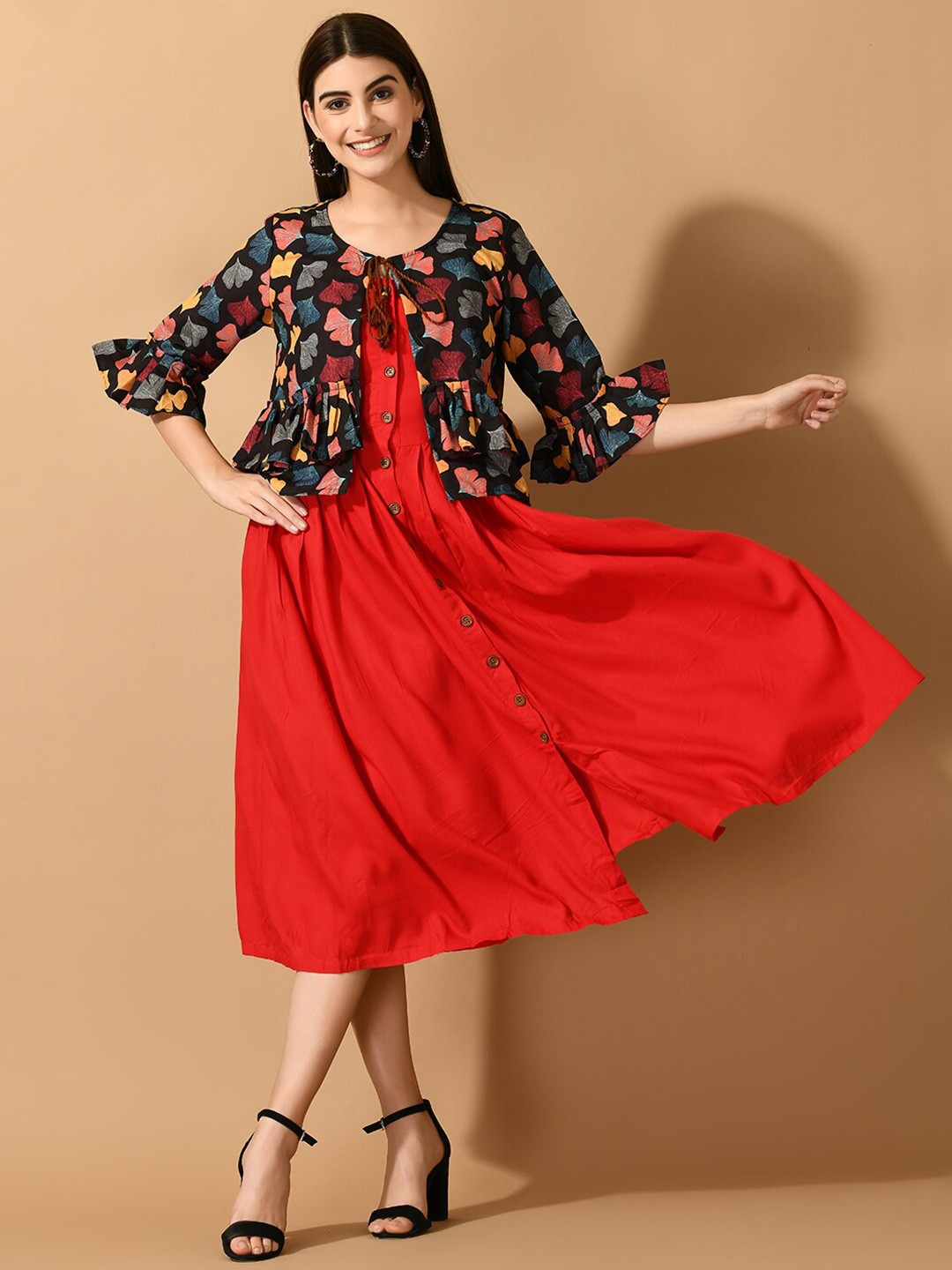 

Sangria Round Neck A-Line Dress With Printed Shrug, Red