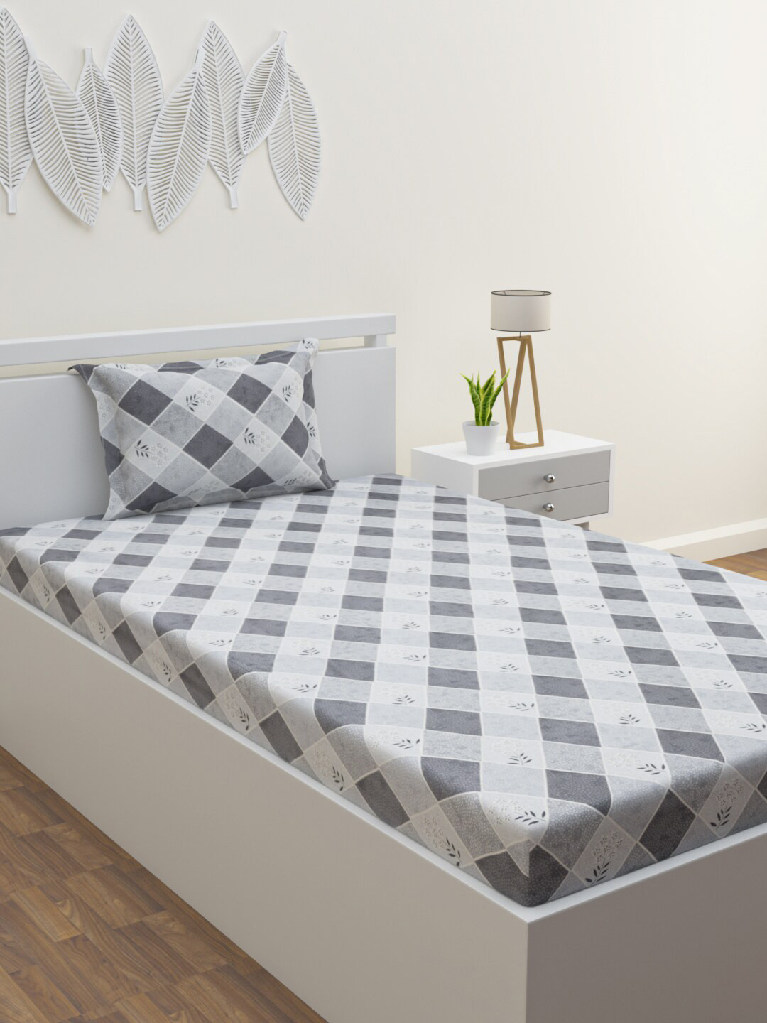

HERE&NOW Grey & White Geometric Cotton 120 TC Single Bedsheet with 1 Pillow Cover