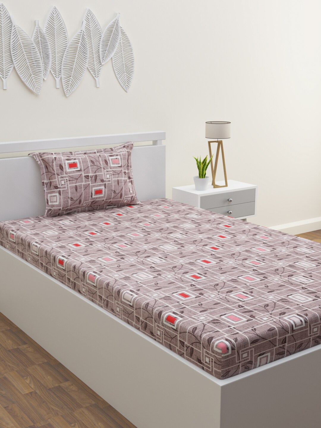 

HERE&NOW Mauve & Red Floral Cotton 120 TC Single Bedsheet with 1 Pillow Cover