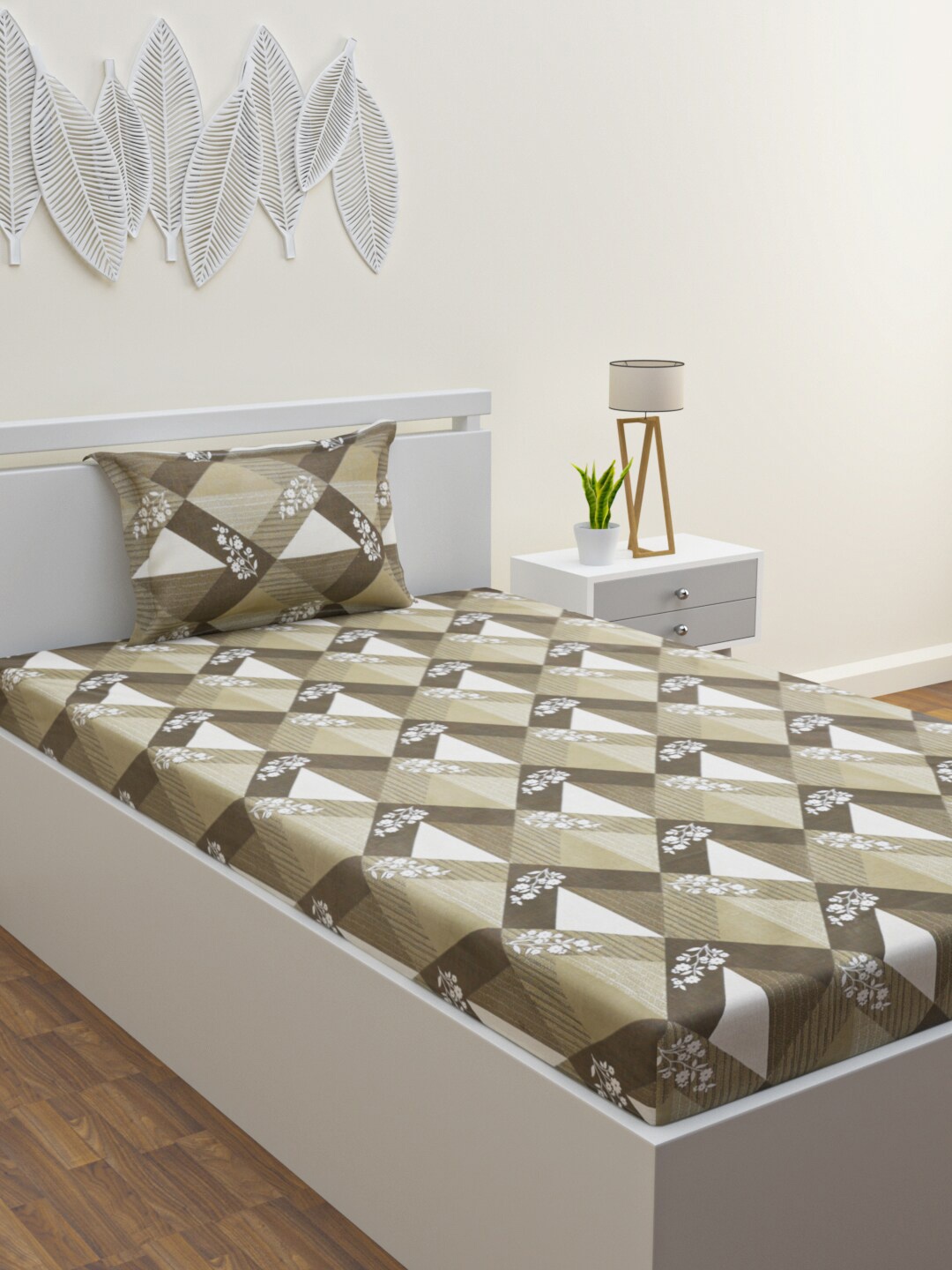 

HERE&NOW Olive Green & White Geometric Cotton 120 TC Single Bedsheet With 1 Pillow Cover
