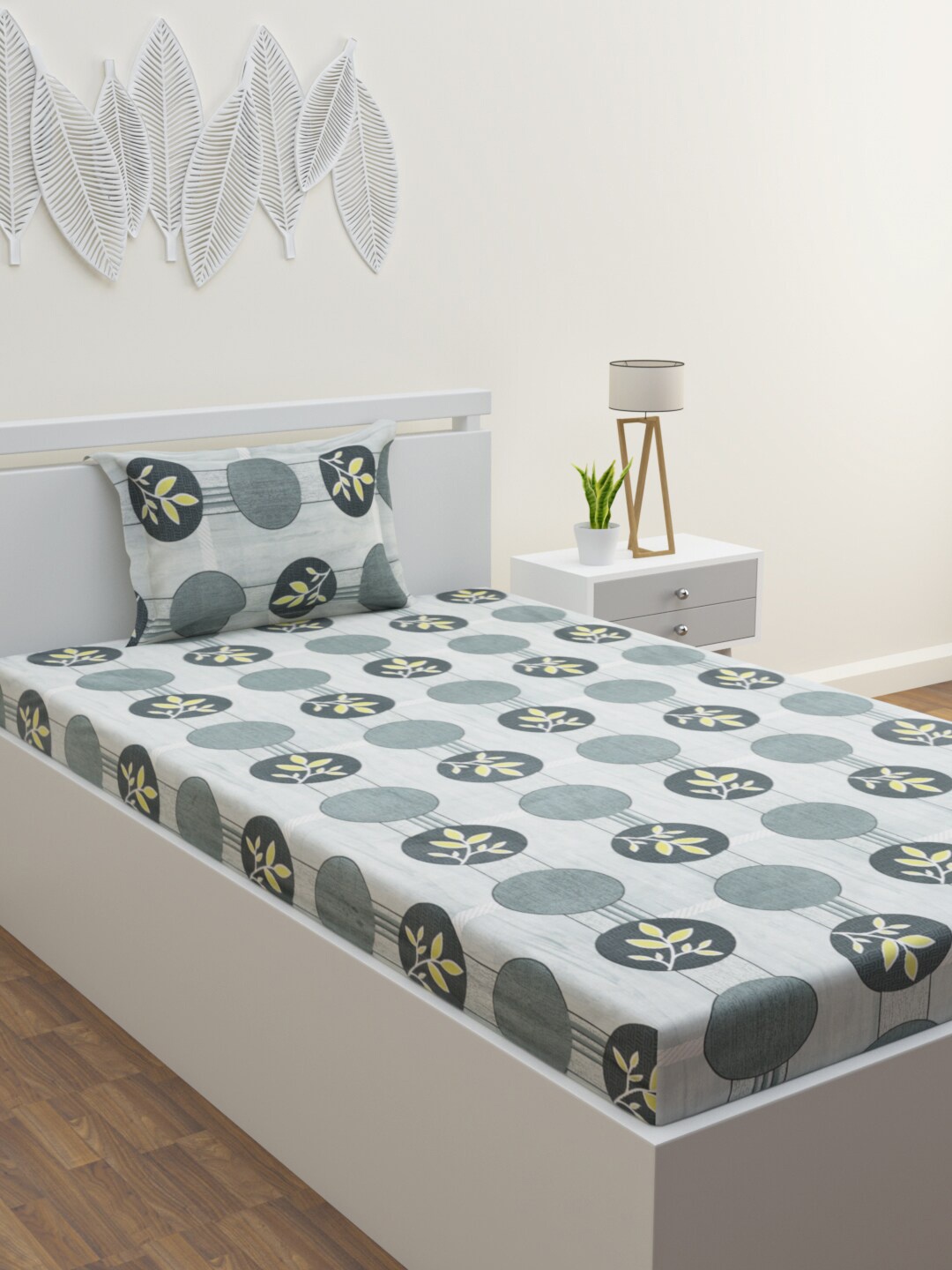 

HERE&NOW Green & White Floral Cotton 120 TC Single Bedsheet With 1 Pillow Cover