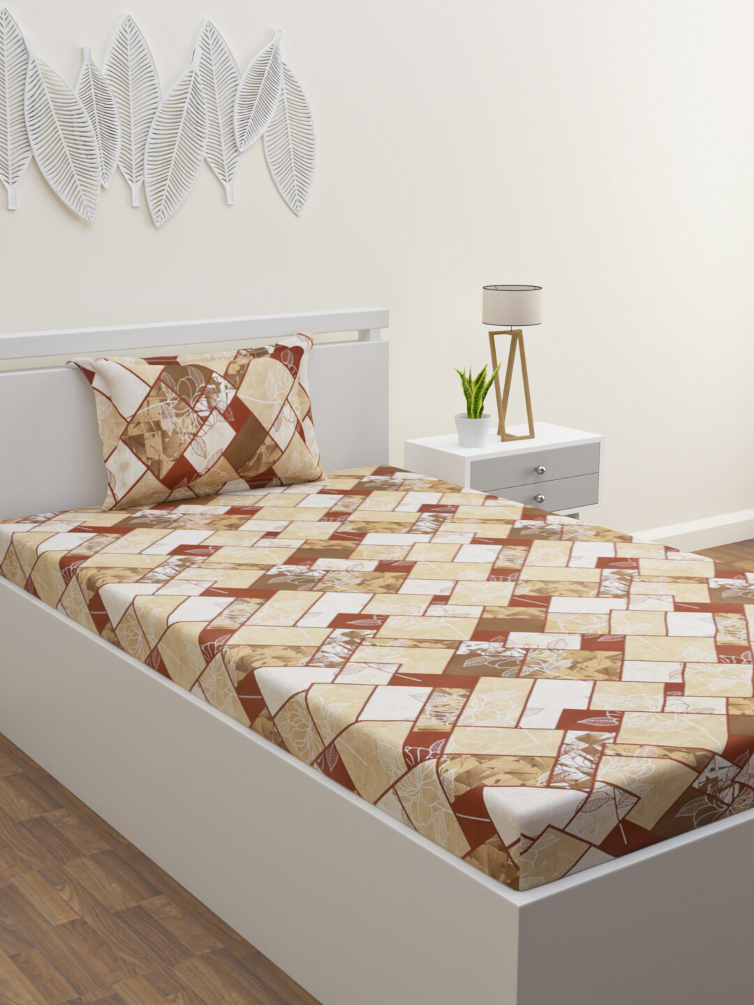 

HERE&NOW Brown & White Geometric Cotton 120 TC Single Bedsheet With 1 Pillow Cover