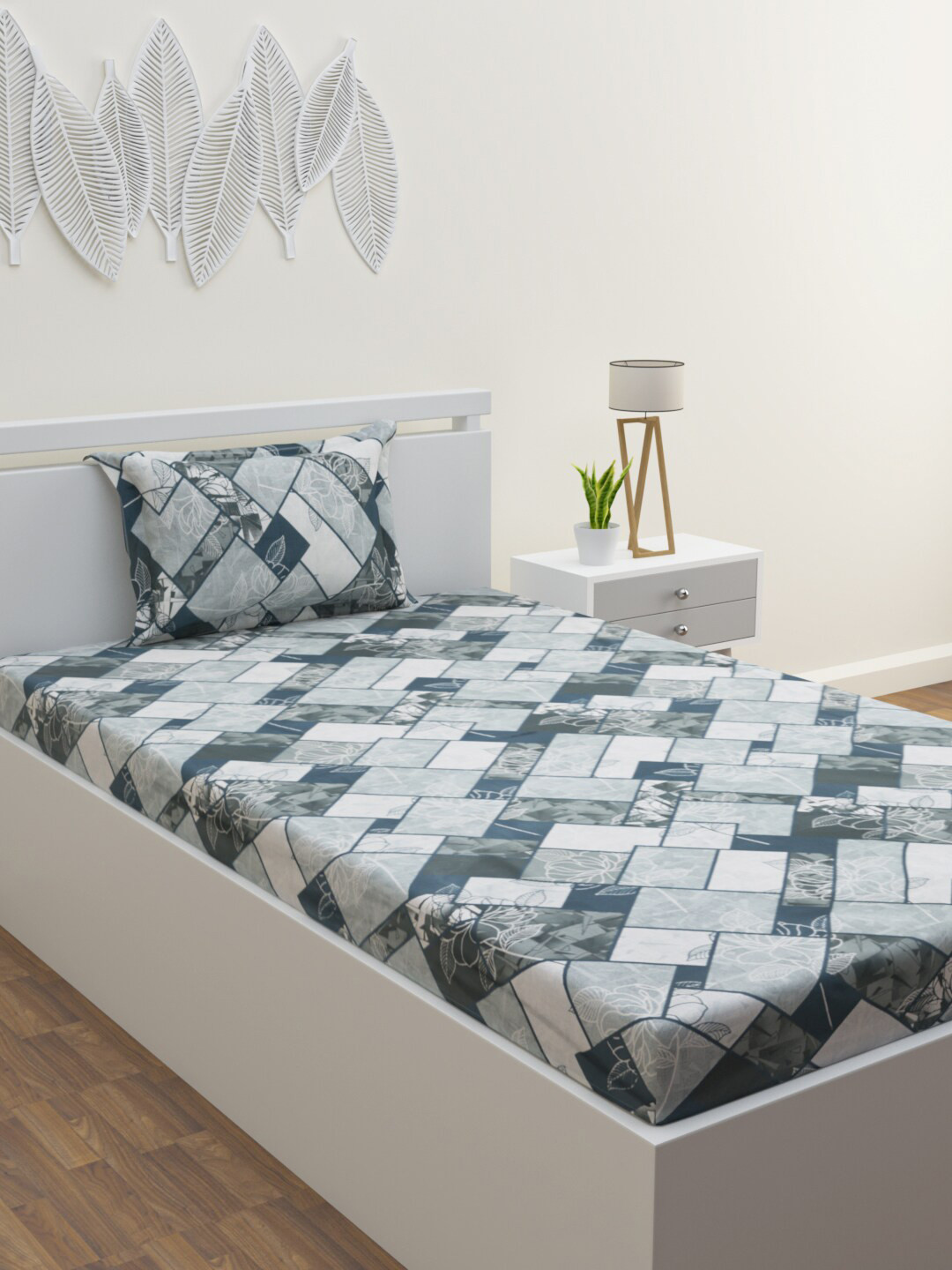 

HERE&NOW Green & White Geometric Cotton 120 TC Single Bedsheet With 1 Pillow Cover