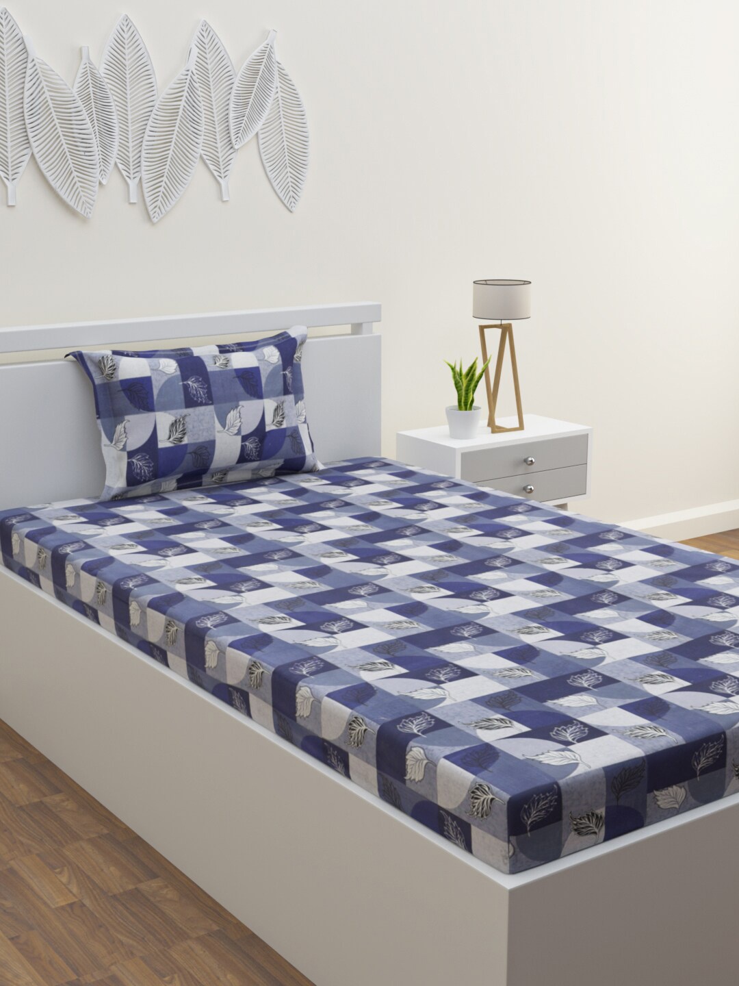 

HERE&NOW Blue & White Geometric Cotton 120 TC Single Bedsheet & 1 Pillow Cover