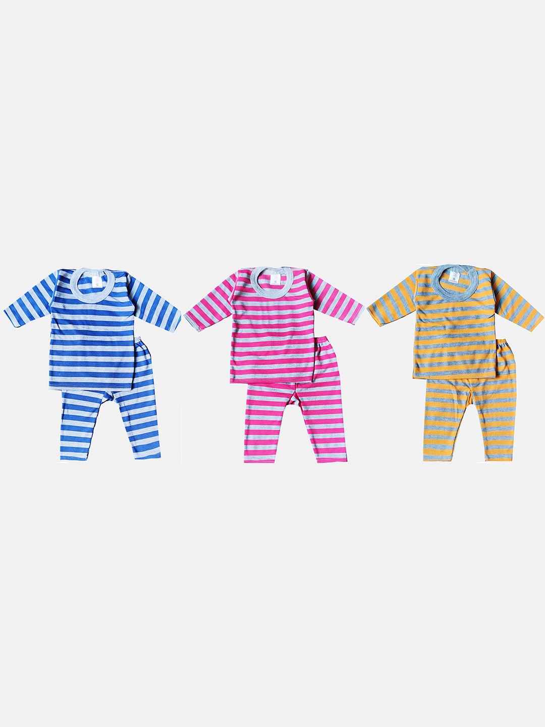 

KIFAYATI BAZAR Kids Pack Of 3 Striped T-shirt With Pyjamas, Blue