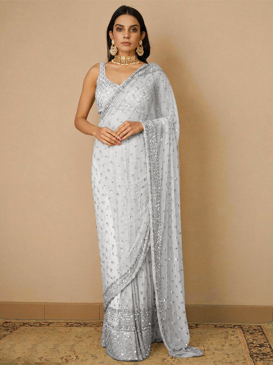 

Angroop Embellished Sequinned Net Saree, Silver