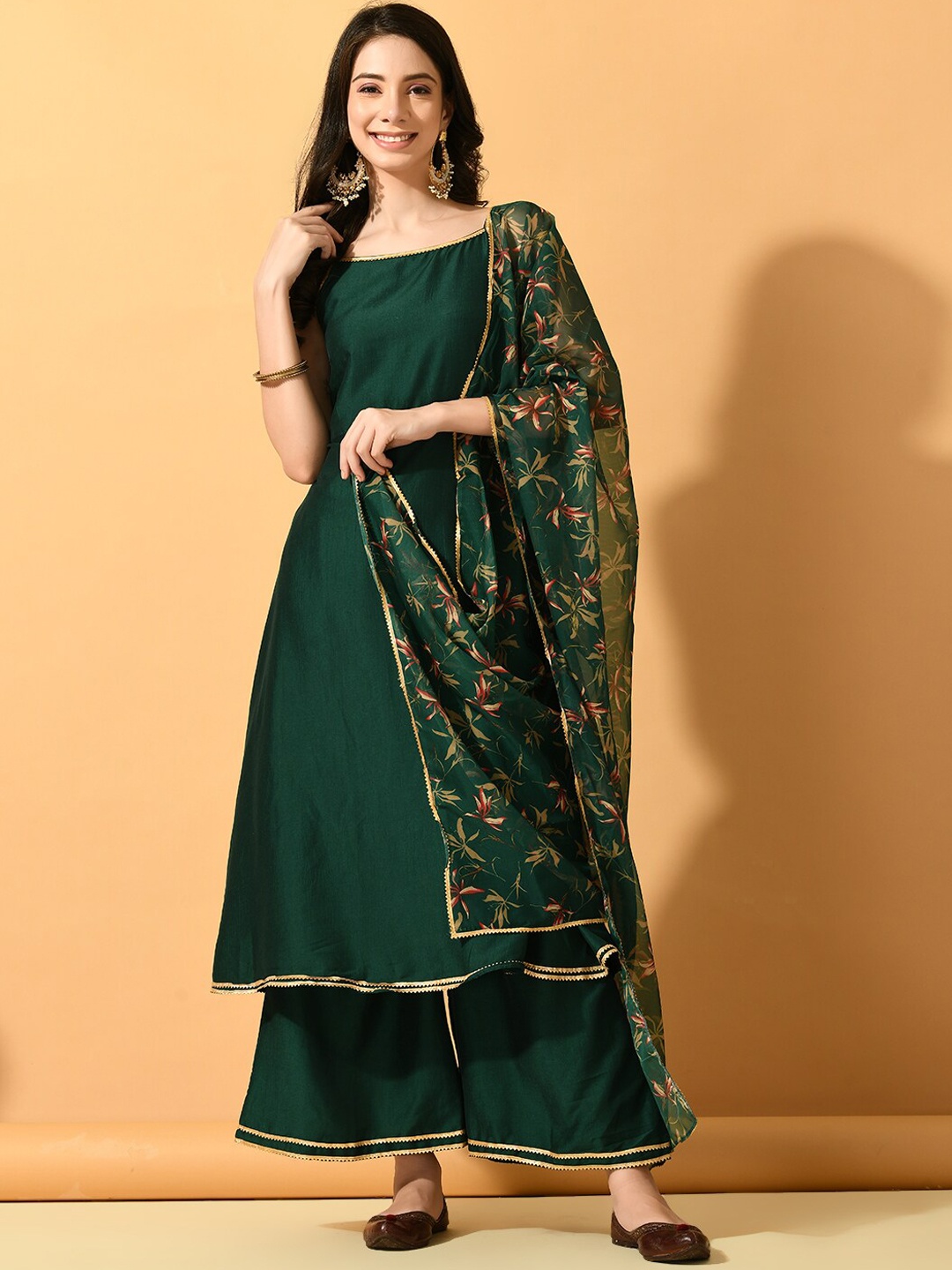 

Sangria A-Line Organza Kurta With Trousers & Dupatta, Green