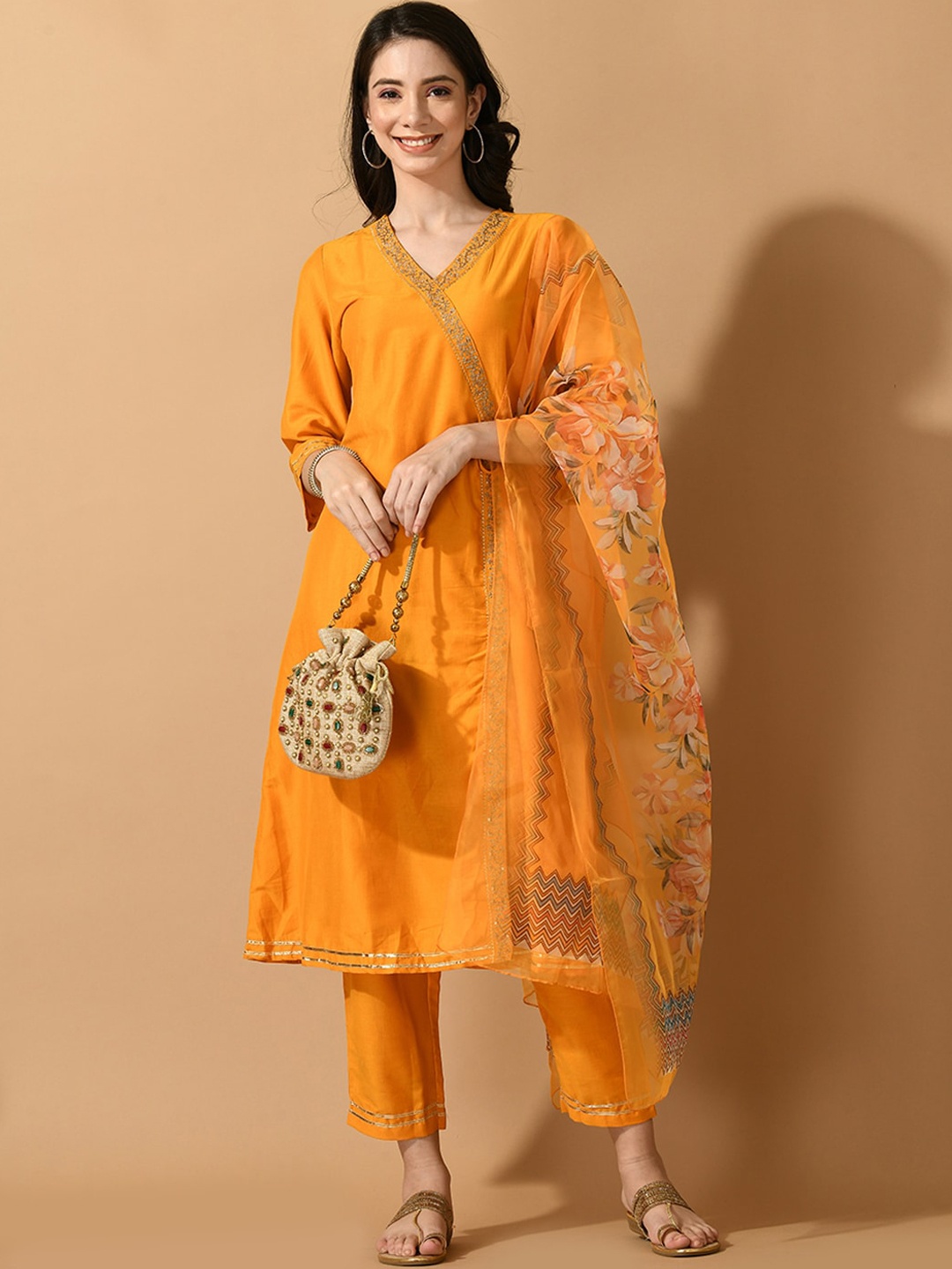 

Sangria V Neck Gotta Patti Angrakha Organza Kurta With Trousers & Dupatta, Yellow