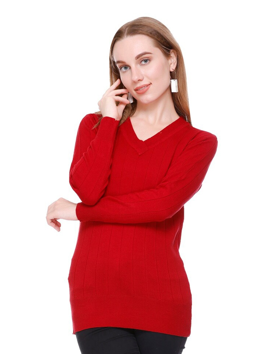 

GOSHA & MAU Striped V-Neck Long Sleeves Acrylic Pullover, Red