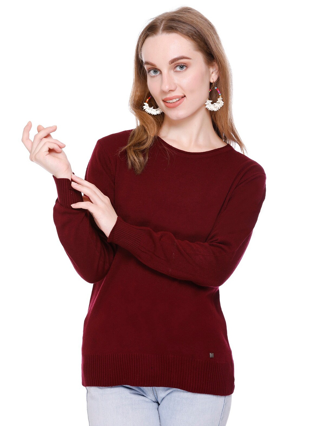 

GOSHA & MAU Round Neck Long Sleeves Acrylic Pullover, Burgundy