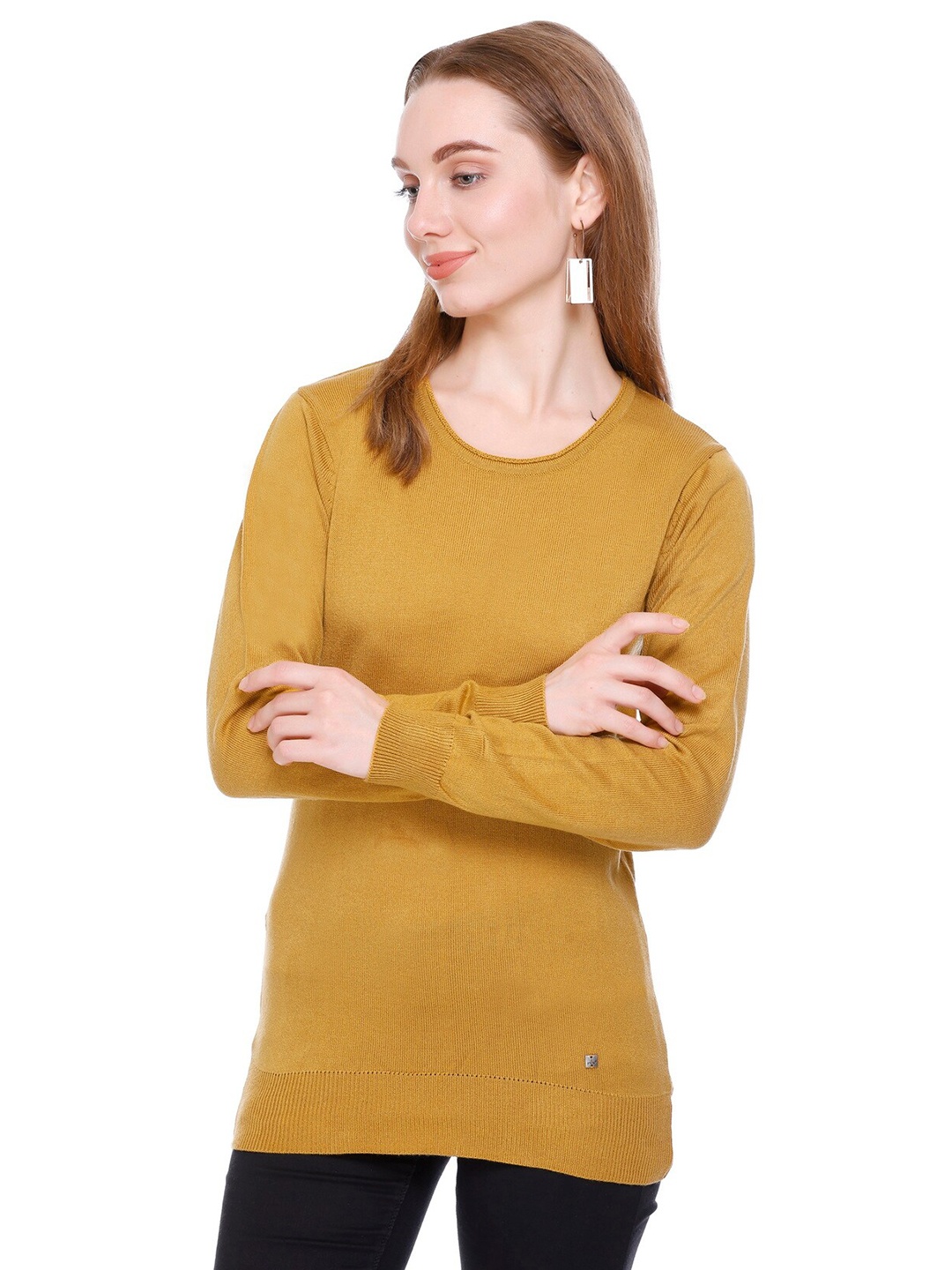 

GOSHA & MAU Round Neck Long Sleeves Acrylic Pullover, Mustard