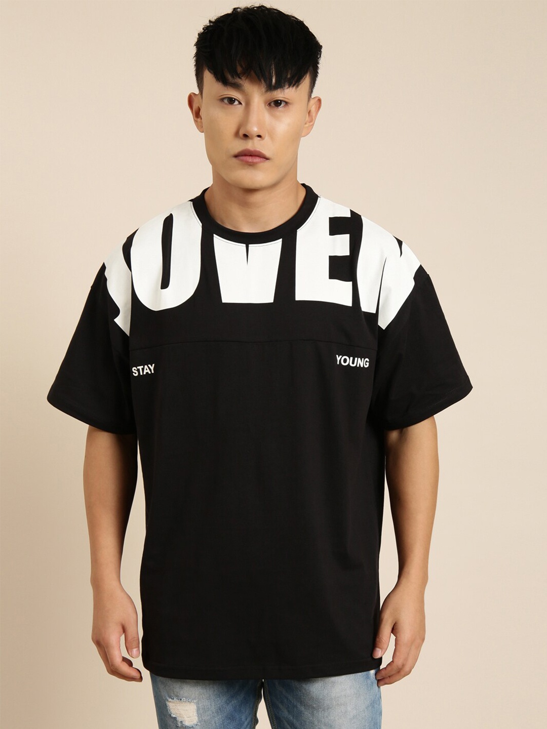 

Joven Typography Printed Drop-Shoulder Sleeves Cotton Boxy T-shirt, Black
