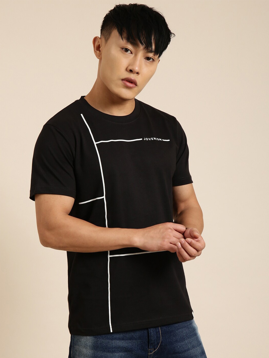

Joven Regular Fit Geometric Printed Round Neck Pure Cotton T-shirt, Black