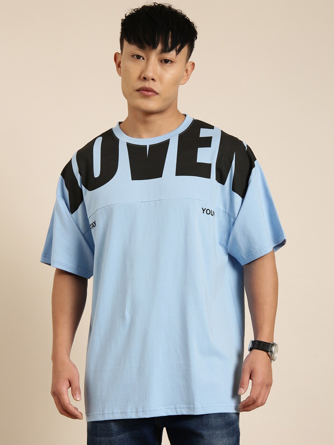 

Joven Boxy Fit Typography Printed Round Neck Pure Cotton T-shirt, Blue