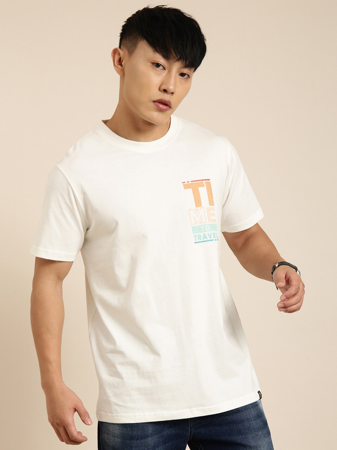 

Joven Regular Fit Typography Printed Round Neck Pure Cotton T-shirt, Off white