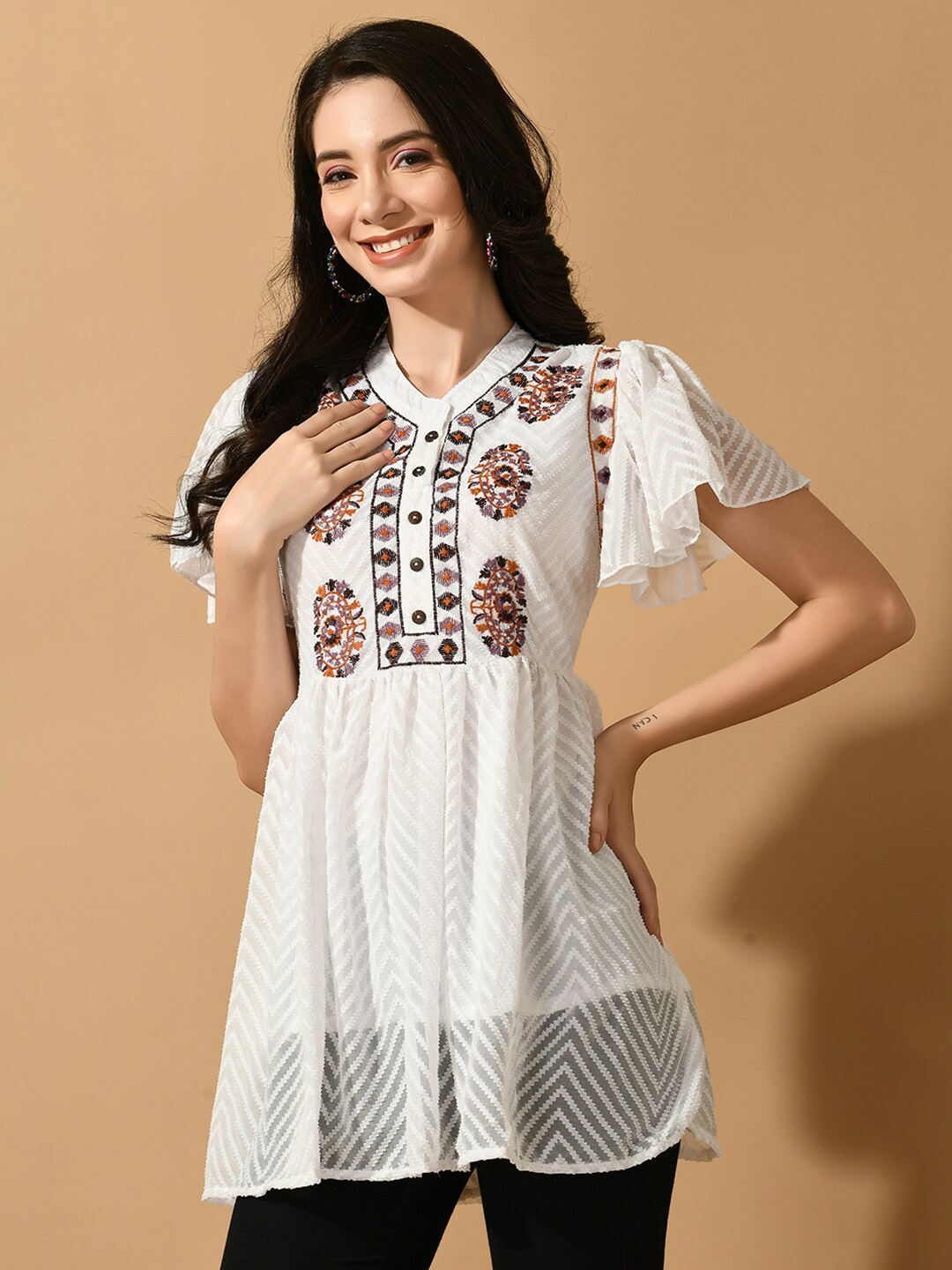 

Sangria Geometric Embroidered Tunic, White