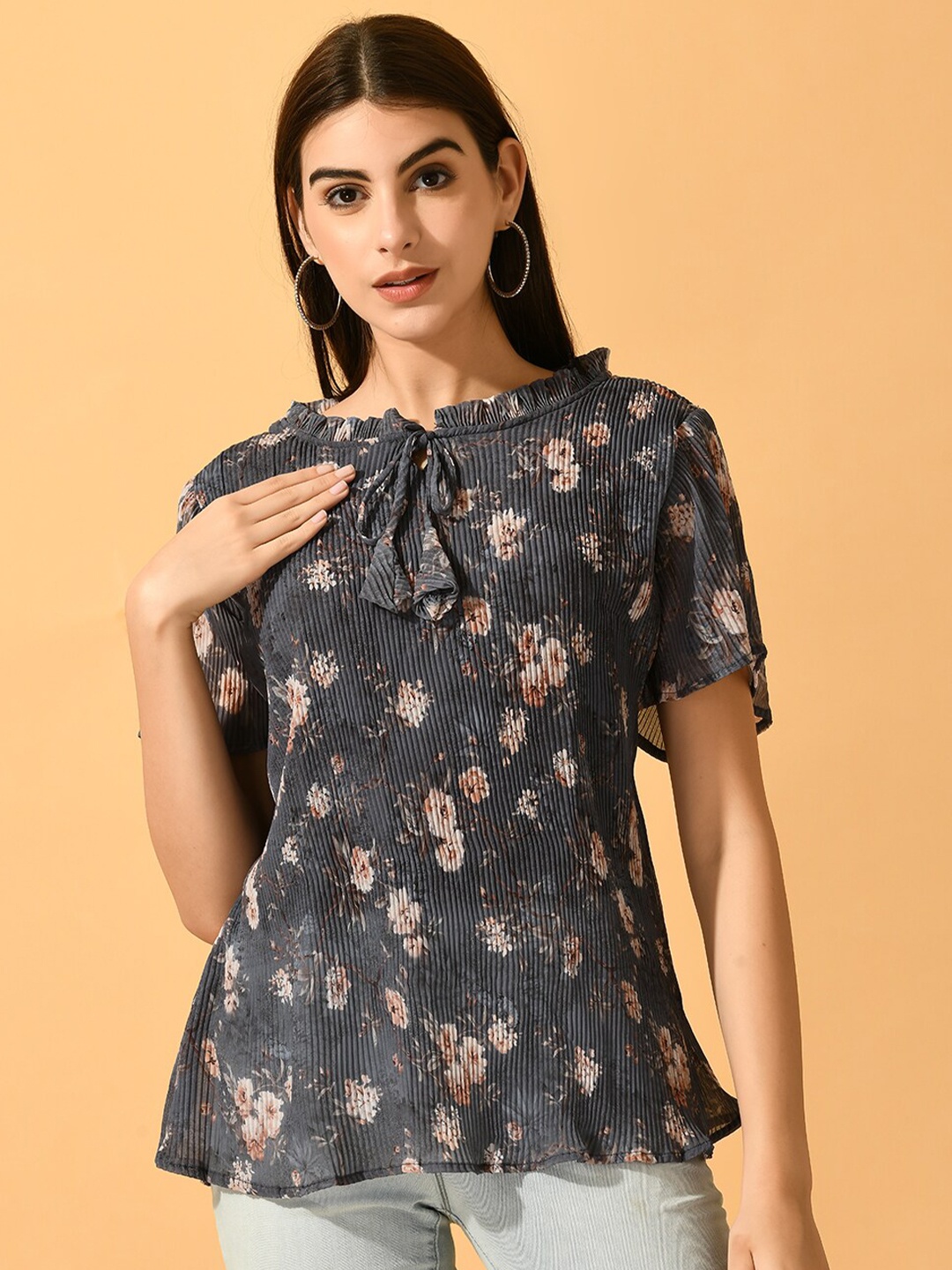 

Sangria Floral Printed Tie-Up Neck Flared Sleeves A-Line Top, Grey