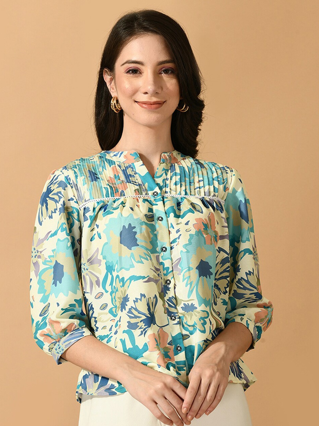 

Sangria Floral Printed Mandarin Collar Pleated Detail Linen Top, Yellow