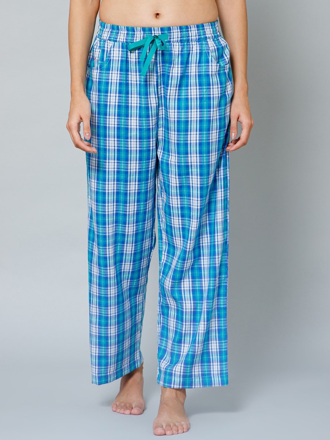 

House Of Zelena Checked Cotton Lounge Pants, Blue