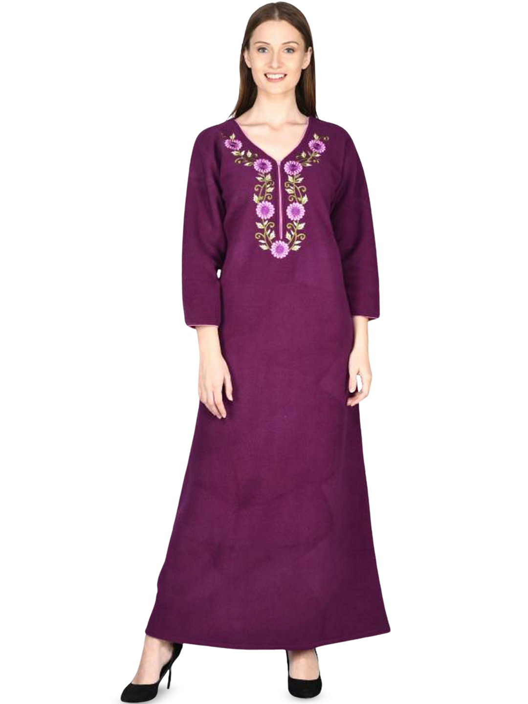 

Noty Floral Embroidered Maxi Fleece Nightdress, Purple