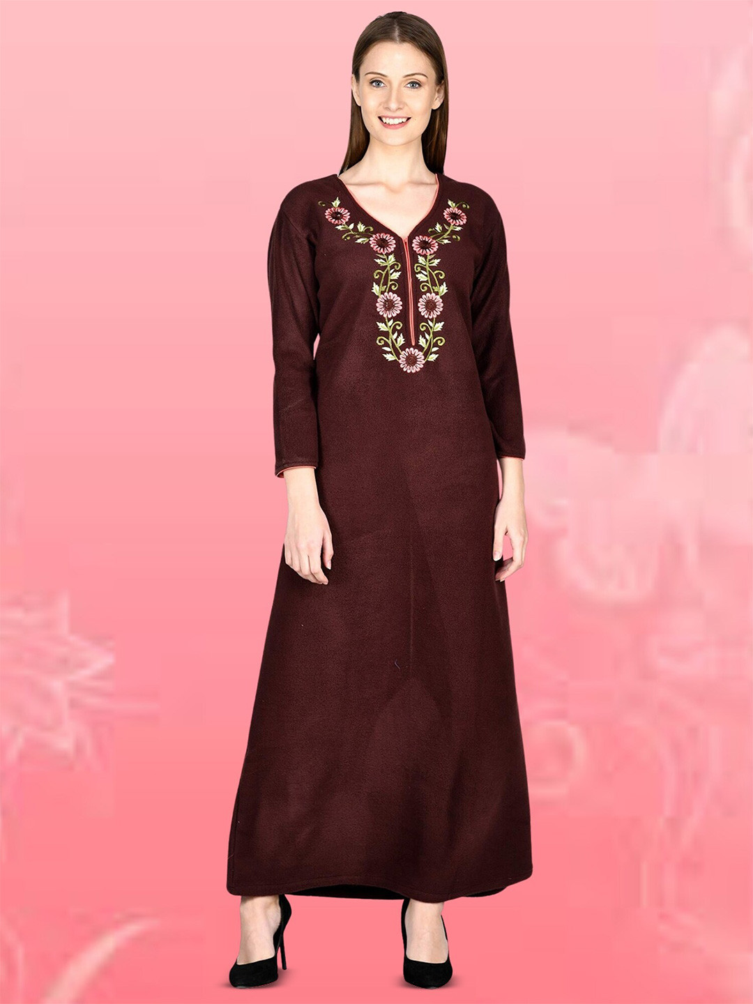 

Noty Floral Embroidered V-Neck Fleece Maxi Nightdress, Coffee brown