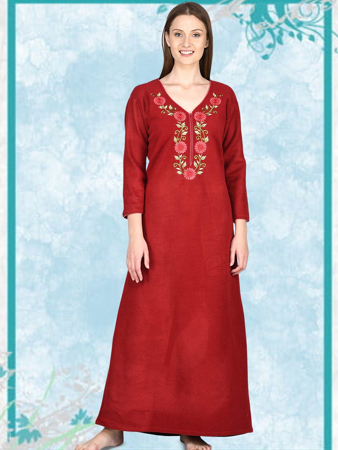 

Noty Maroon Embroidered Maxi Nightdress