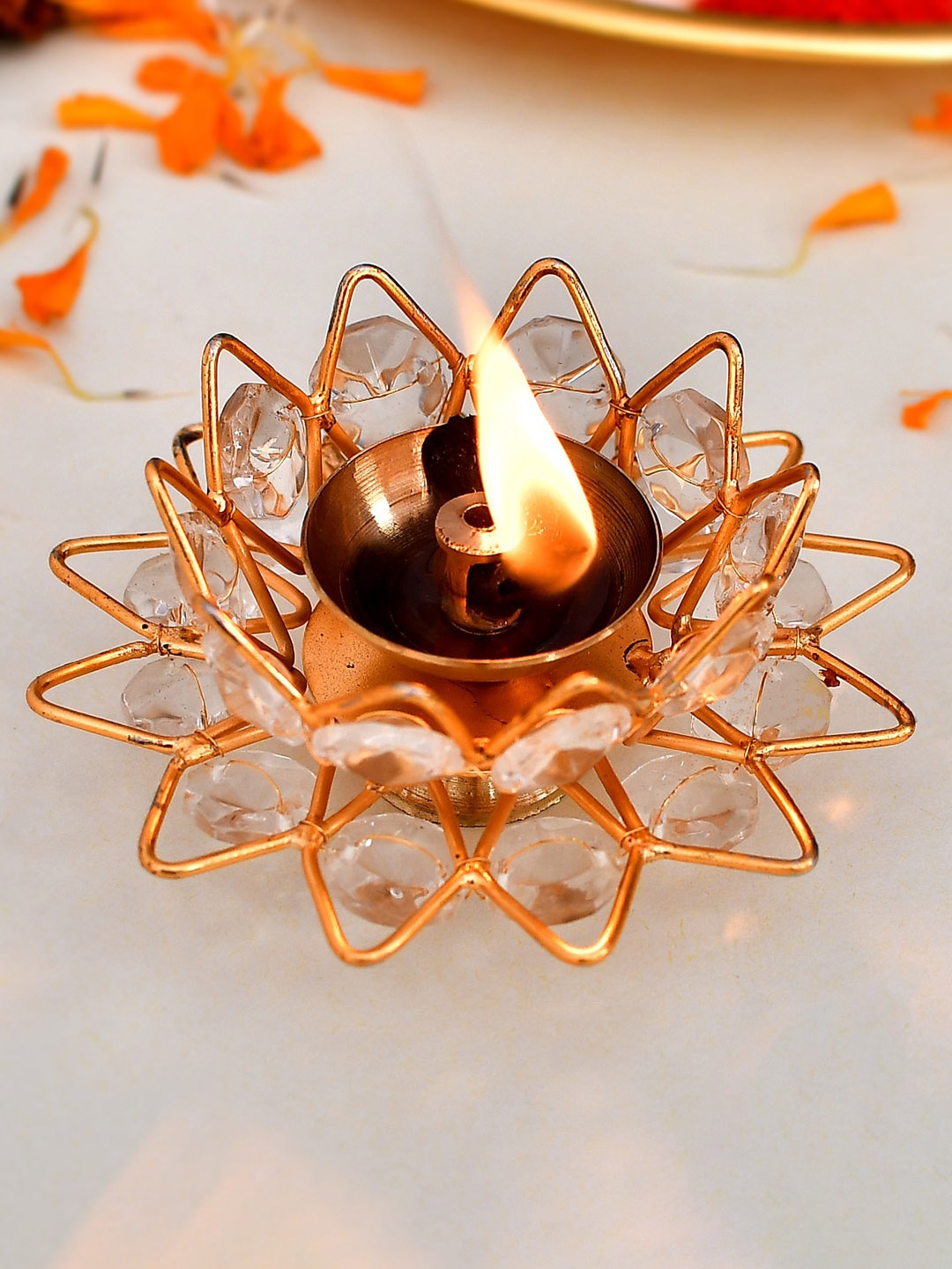 

Ascension Golden Crystal Round Metal Akhand Jyot Diya, Gold