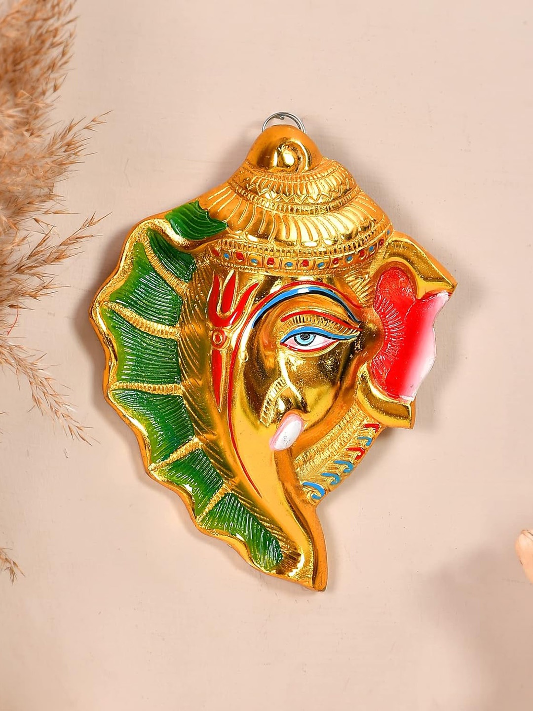 

Ascension Green & Red Textured Ganesh On Shankh Wall Hanging Showpiece, Gold
