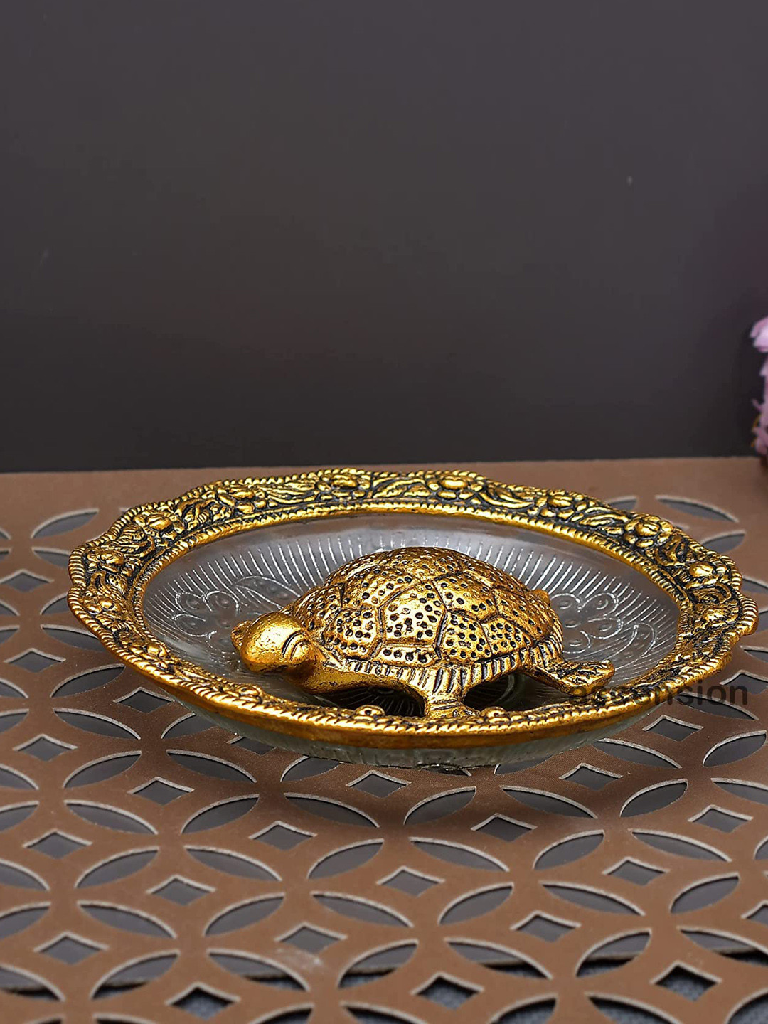 

Ascension Gold Toned & Black Textured Feng Shui Tortoise On Plate Metal Idol Showpiece
