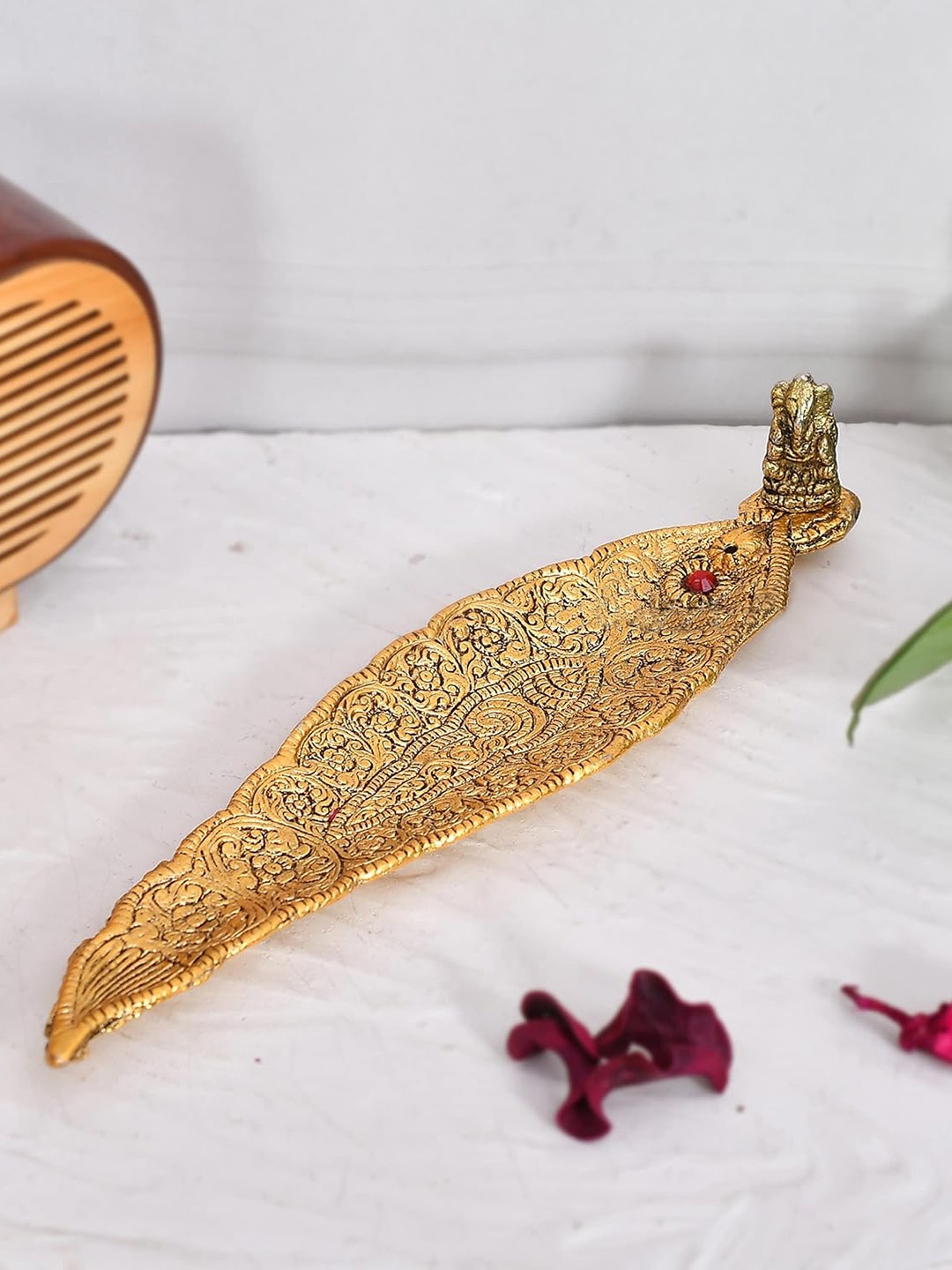 

Ascension Gold-Toned Leaf-Shaped Agarbatti Holder Showpiece