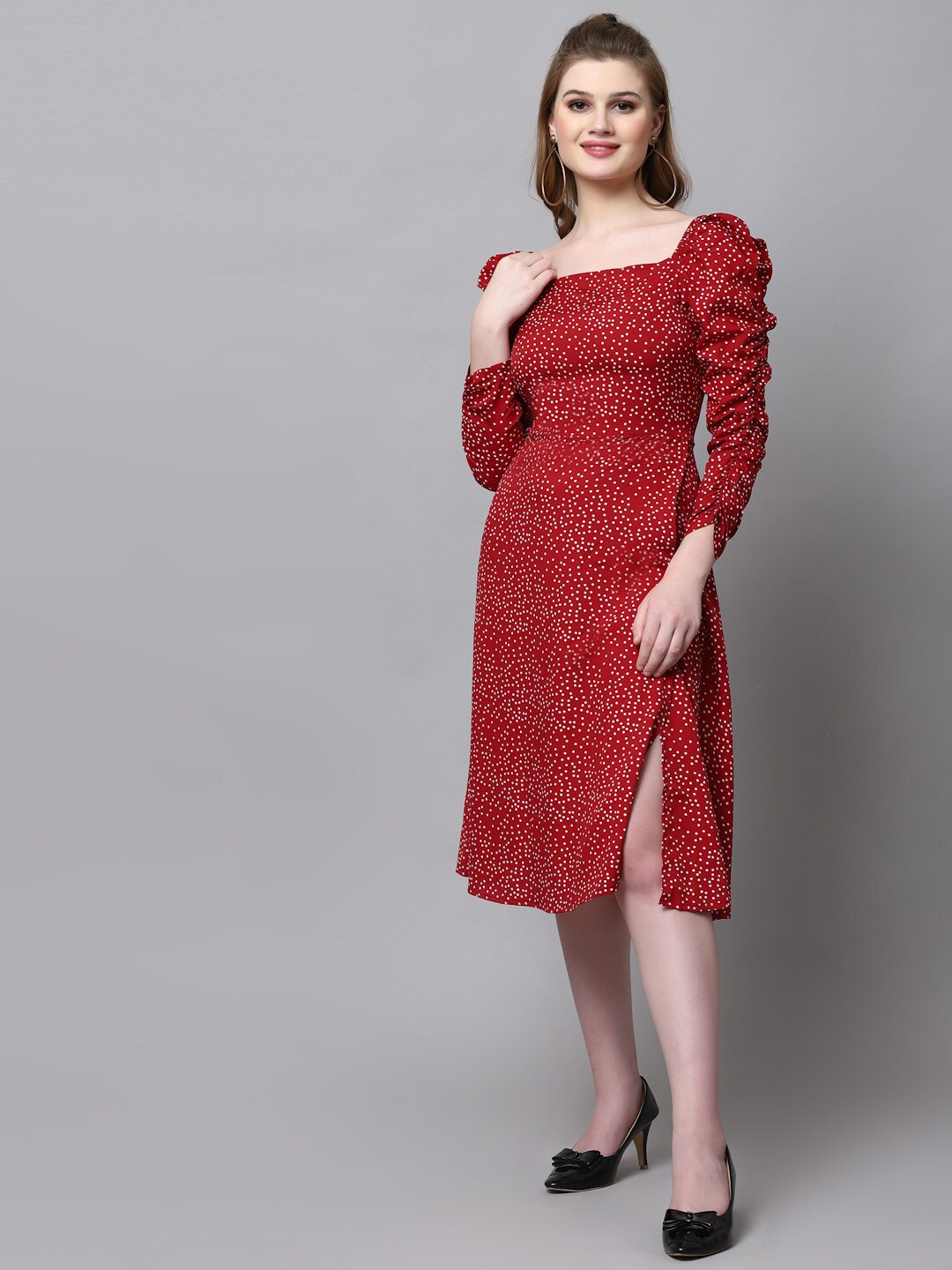 

aayu Polka Dot Printed Square Neck Puff Sleeves Smocked Detailed A-Line Midi Dress, Red