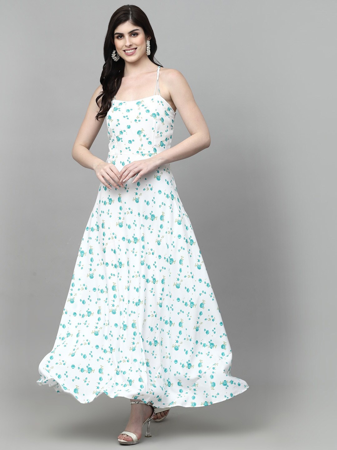 

aayu Floral Printed Shoulder Straps Maxi Fit & Flare Dress, Green