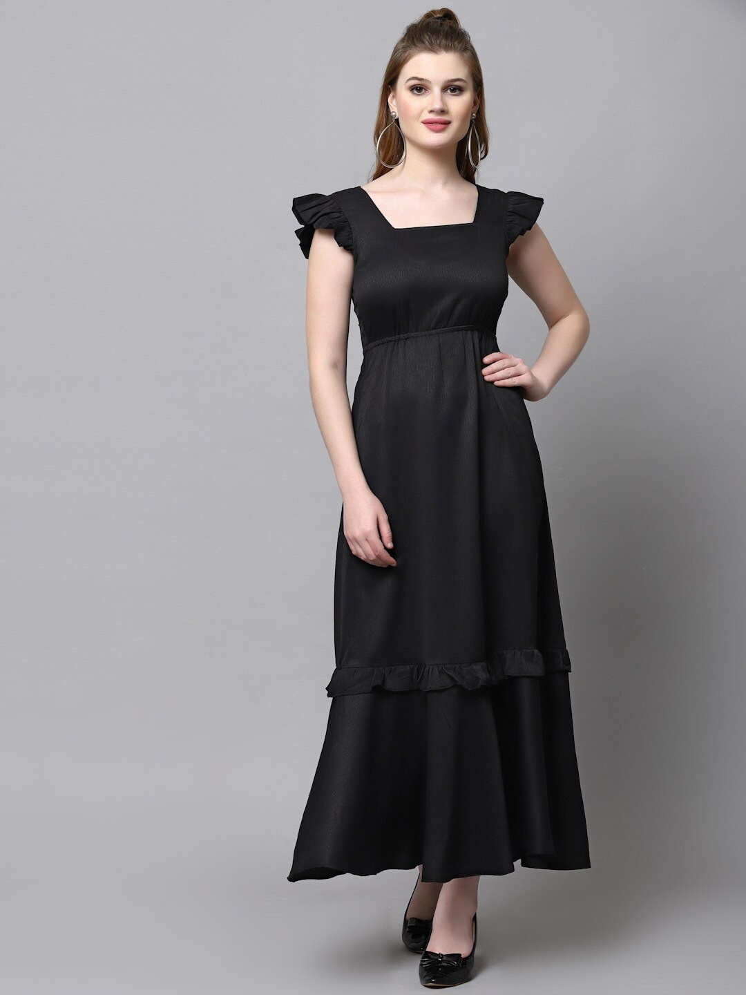 

aayu Flutter Sleeves Ruffled Square Neck Midi A-Line Dress, Black