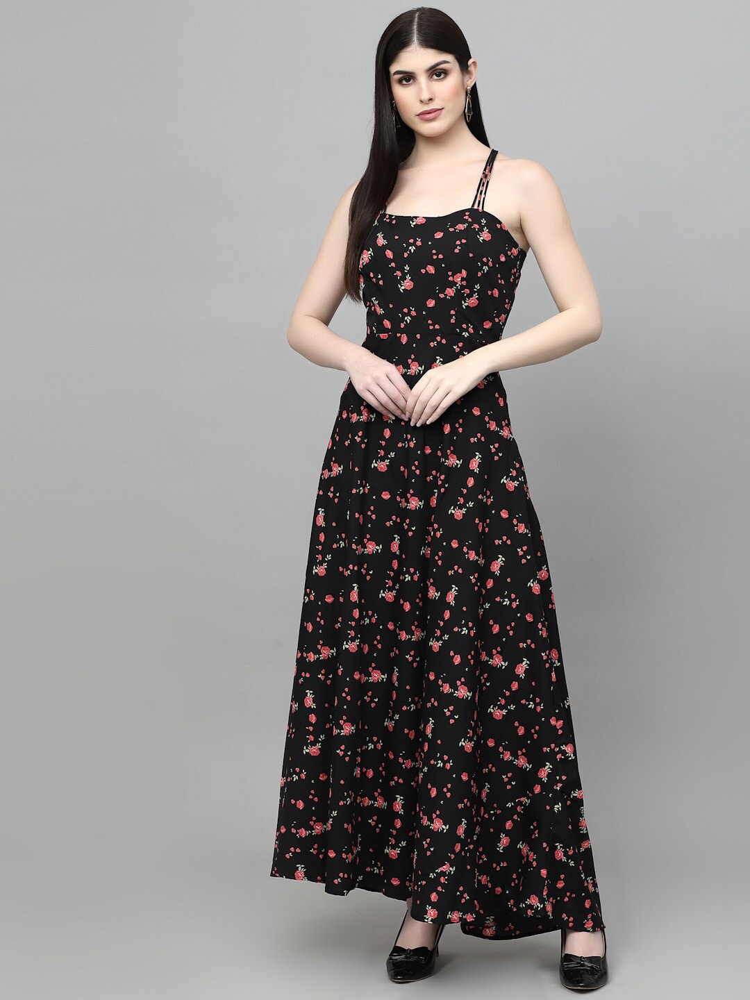 

aayu Floral Printed Shoulder Straps Crepe Maxi Dress, Black