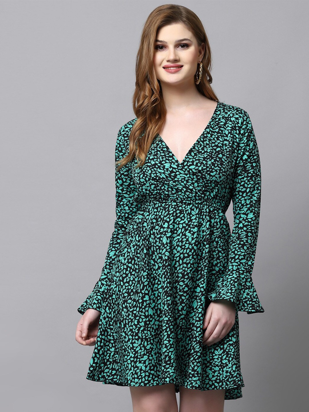 

aayu Floral Printed Bell Sleeves Empire Dress, Green