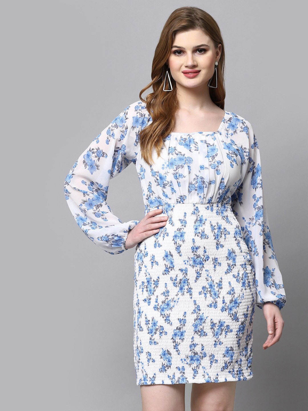 

aayu Floral Printed Square Neck Puff Sleeves Pleated Smocked Georgette Sheath Dress, Blue