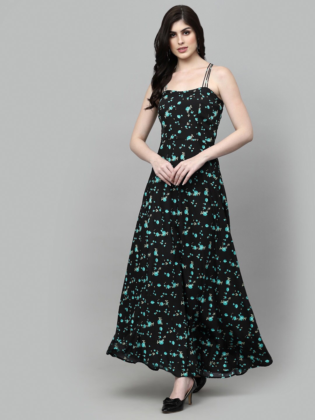 

aayu Floral Printed Shoulder Straps Maxi Fit & Flare Dress, Green