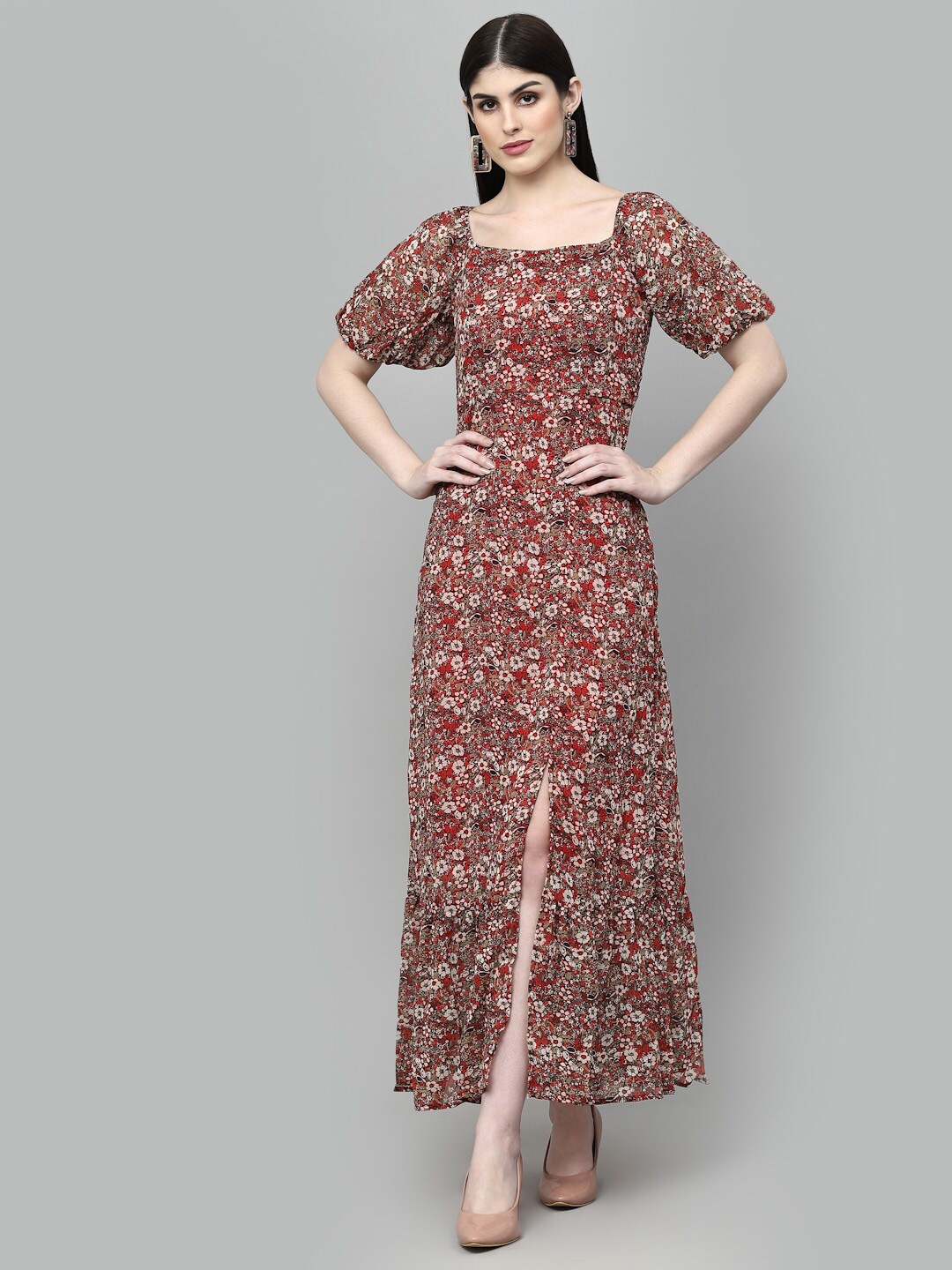 

aayu Floral Printed Square Neck Puff Sleeves Smocked Detailed Maxi Dress, Multi