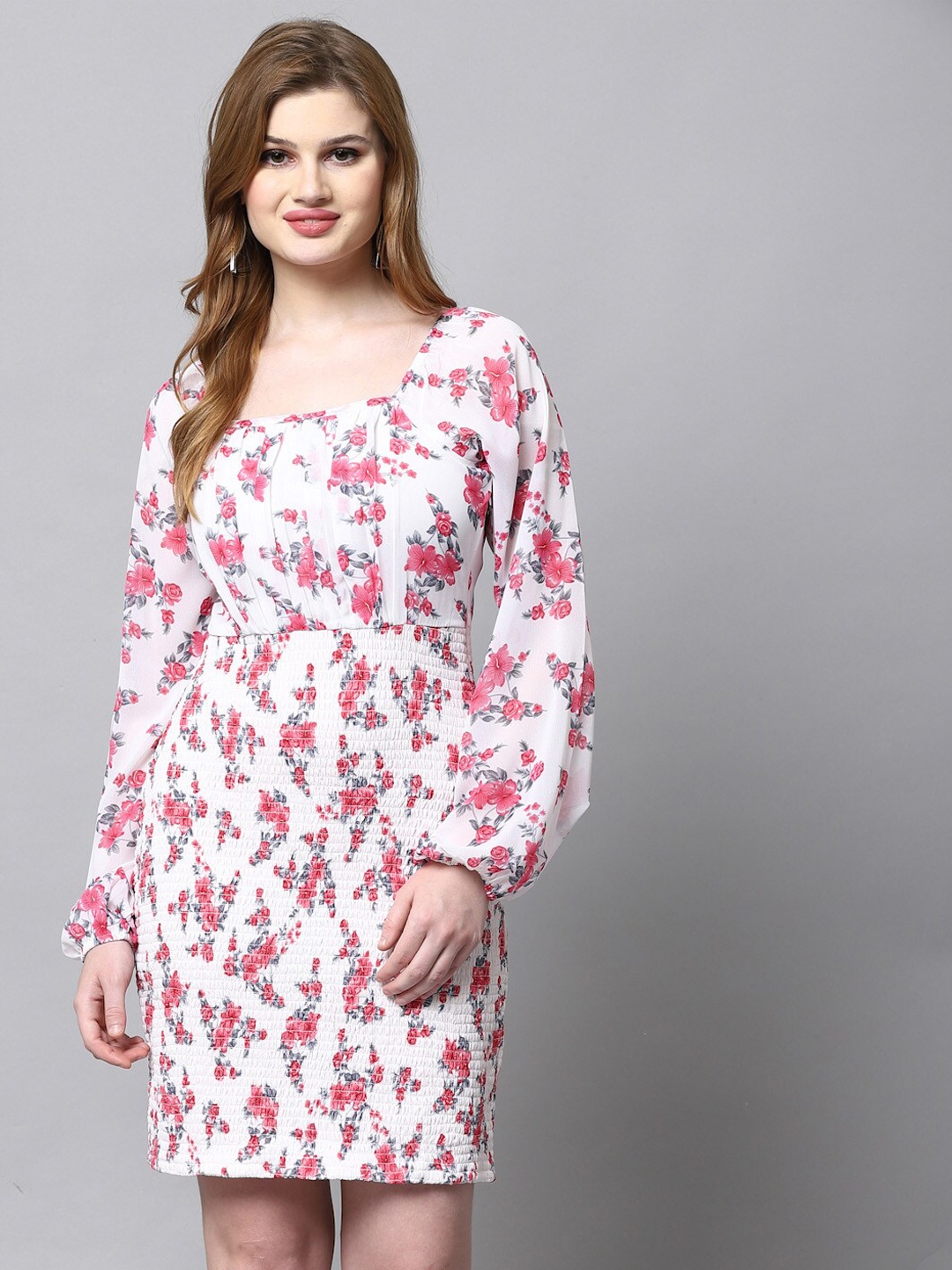 

aayu Floral Printed Puff Sleeves Smocked Sheath Dress, White