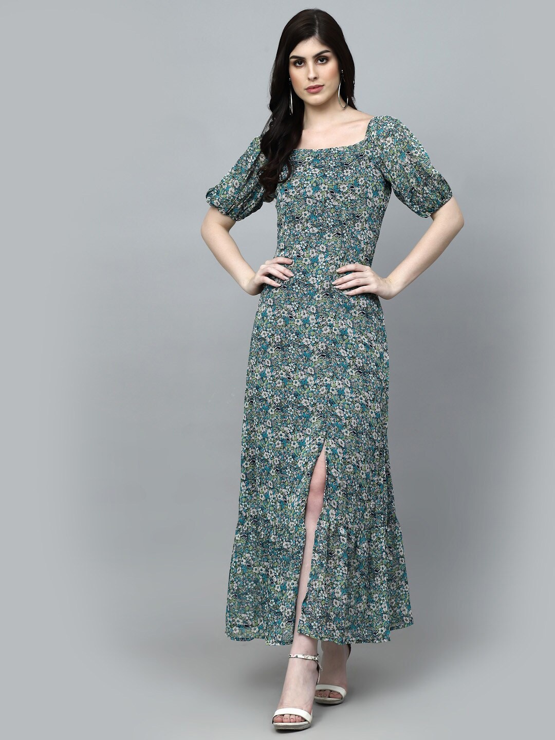 

aayu Floral Printed Square Neck Puff Sleeve Maxi Dress, Green