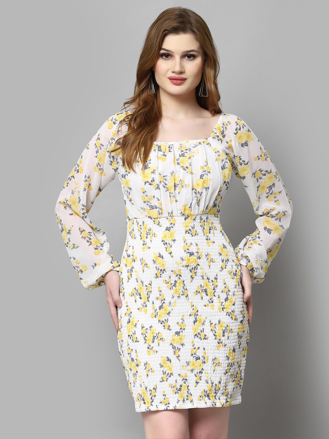 

aayu Floral Printed Puff Sleeves Smocked Georgette Sheath Dress, Yellow