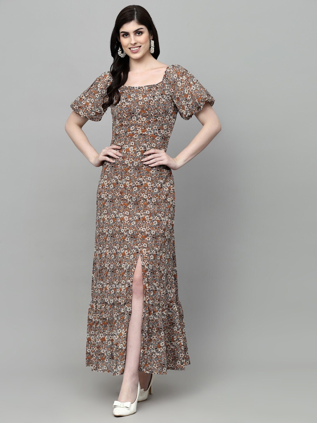 

aayu Floral Printed Square Neck Puff Sleeves Smocked Detailed Maxi Dress, Beige